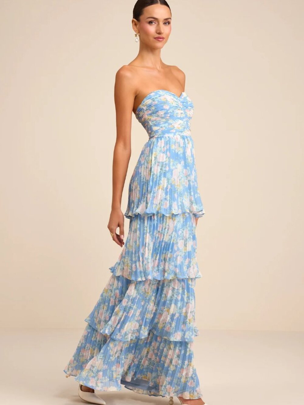 Lulus Seriously Sensational Blue Floral Strapless Tiered Maxi Dress Size Large